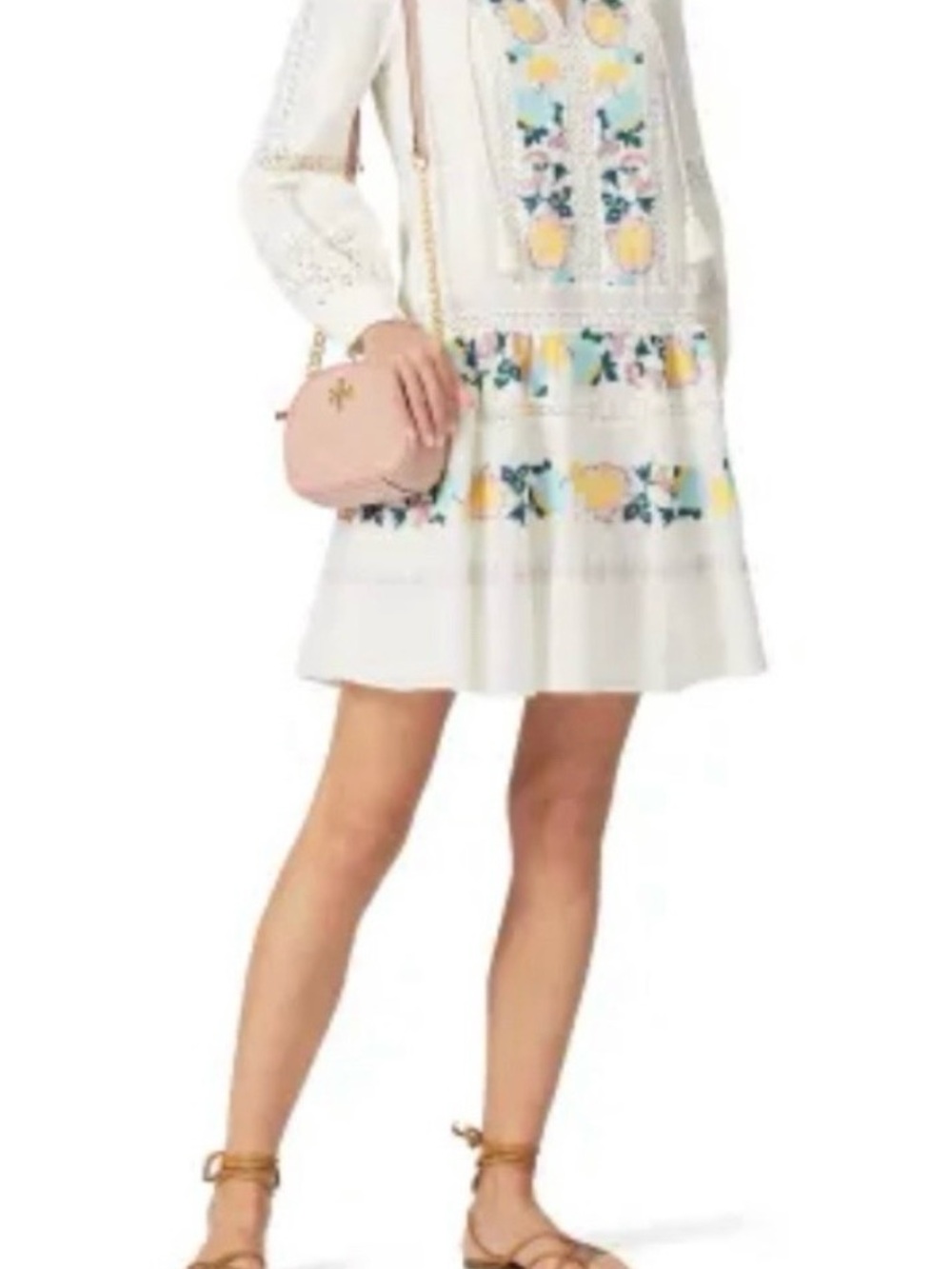 Tory Burch White Midi Dress with Yellow and Blue Floral Embroidery
